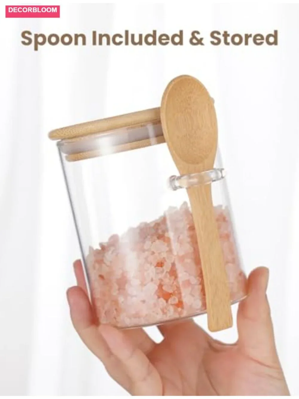 Glass Salt Cellar with Bamboo Lid and Spoon, 17oz Airtight Kitchen Container
